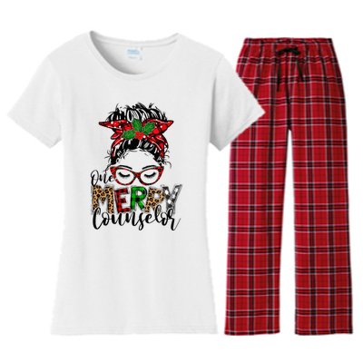 Red Plaid One Merry Counselor Messy Bun Christmas Pajamas Women's Flannel Pajama Set