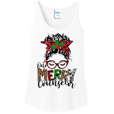 Red Plaid One Merry Counselor Messy Bun Christmas Pajamas Ladies Essential Tank