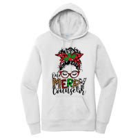 Red Plaid One Merry Counselor Messy Bun Christmas Pajamas Women's Pullover Hoodie