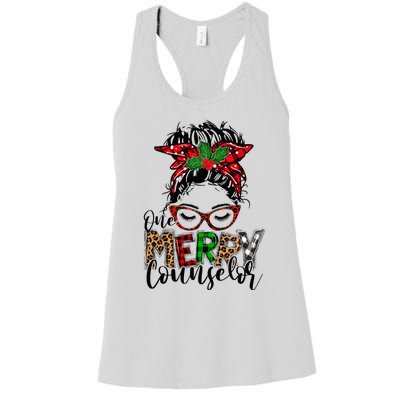 Red Plaid One Merry Counselor Messy Bun Christmas Pajamas Women's Racerback Tank