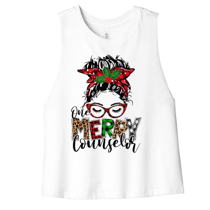 Red Plaid One Merry Counselor Messy Bun Christmas Pajamas Women's Racerback Cropped Tank