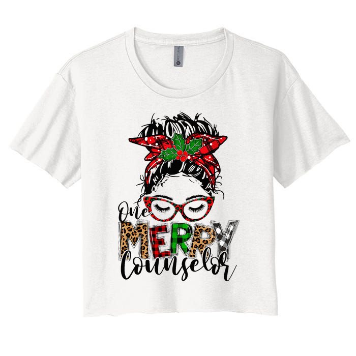 Red Plaid One Merry Counselor Messy Bun Christmas Pajamas Women's Crop Top Tee