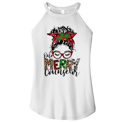 Red Plaid One Merry Counselor Messy Bun Christmas Pajamas Women's Perfect Tri Rocker Tank