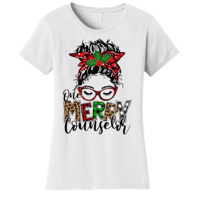 Red Plaid One Merry Counselor Messy Bun Christmas Pajamas Women's T-Shirt