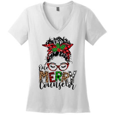 Red Plaid One Merry Counselor Messy Bun Christmas Pajamas Women's V-Neck T-Shirt