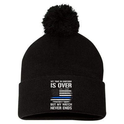 Retired Police Officer Gifts Thin Blue Line Pom Pom 12in Knit Beanie