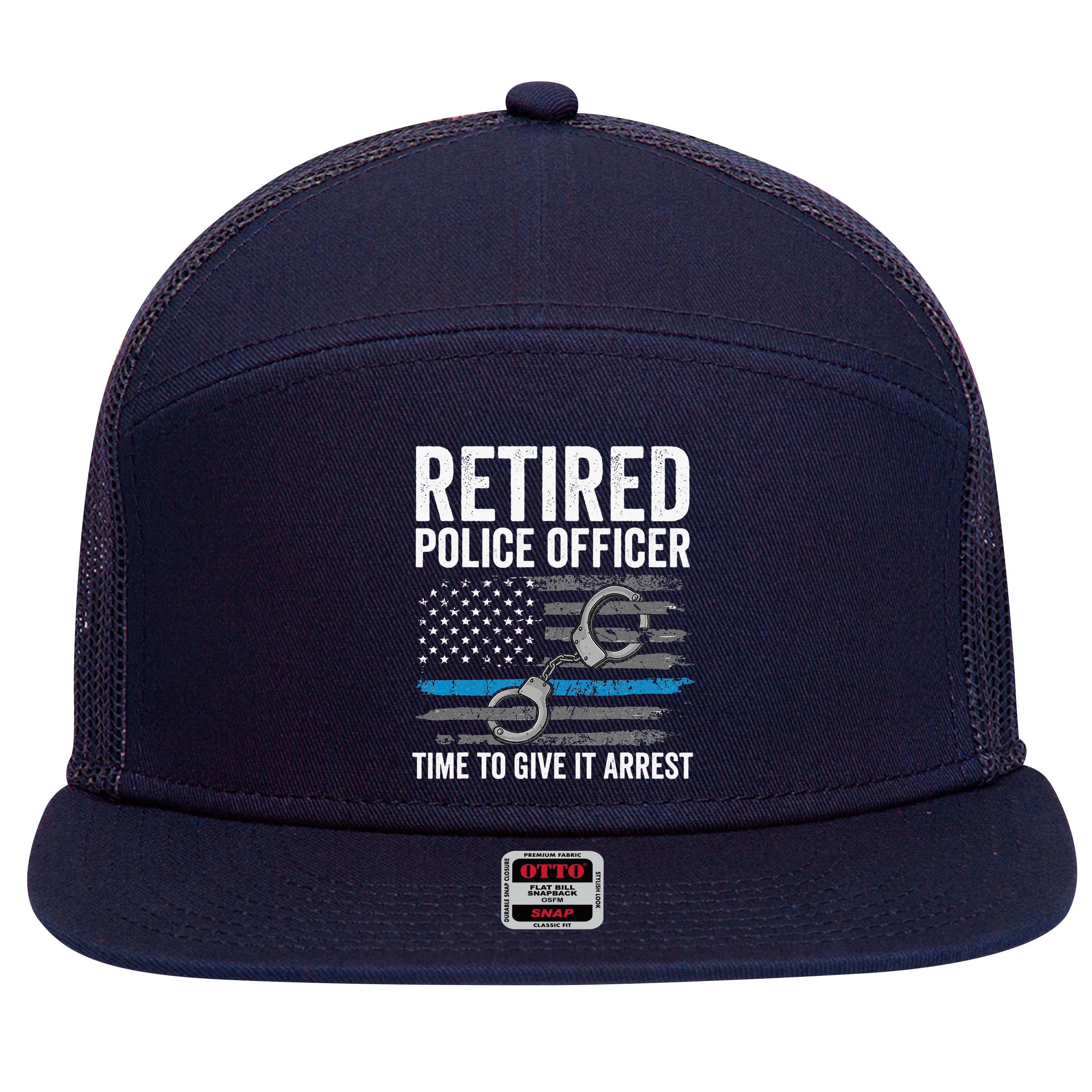 Retired Police Officer Blue Thin Line Flag Retirement 7 Panel Mesh Trucker Snapback Hat