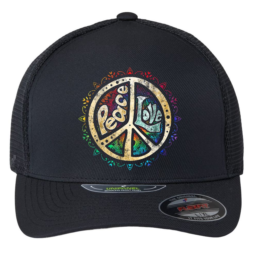 Retro Psychedelic Peace Sign Hip Funky Radical Great Gift Flexfit Unipanel Trucker Cap