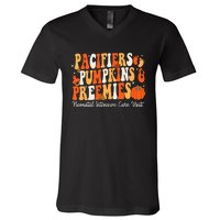 Retro Pacifiers Pumpkins Preemies Thanksgiving Nicu Nurse V-Neck T-Shirt