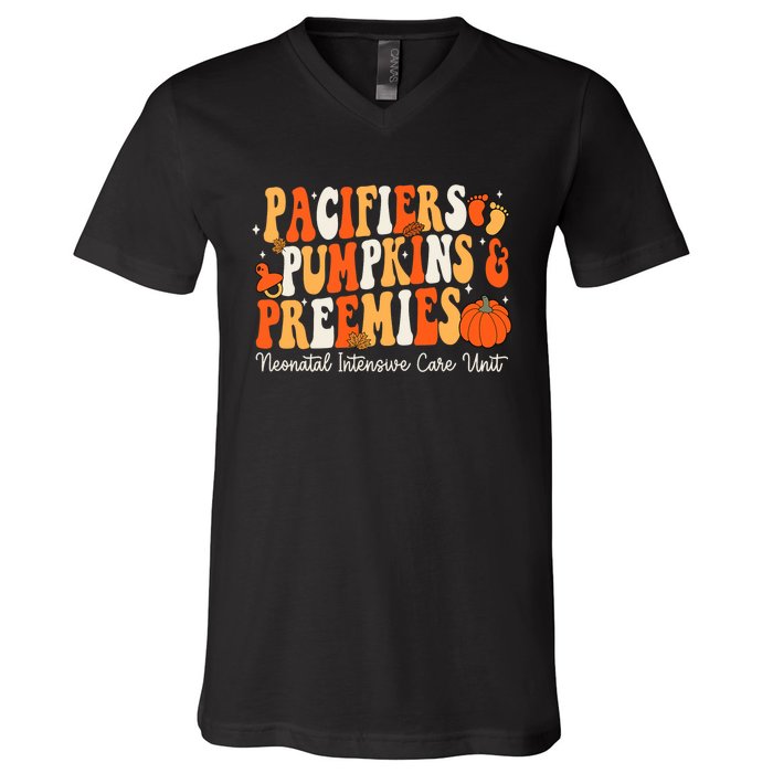 Retro Pacifiers Pumpkins Preemies Thanksgiving Nicu Nurse V-Neck T-Shirt