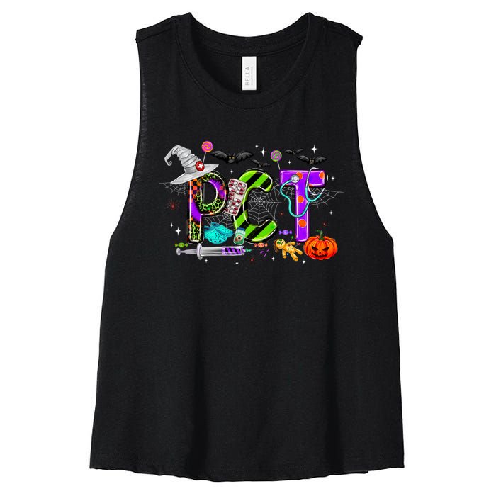 Retro Pct Patient Care Technician Halloween Spooky Season Women's Racerback Cropped Tank