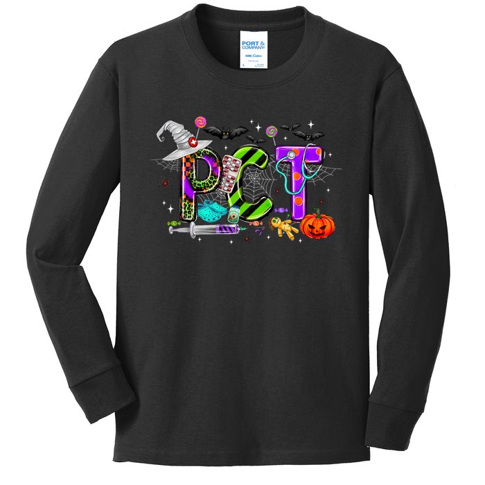 Retro Pct Patient Care Technician Halloween Spooky Season Kids Long Sleeve Shirt