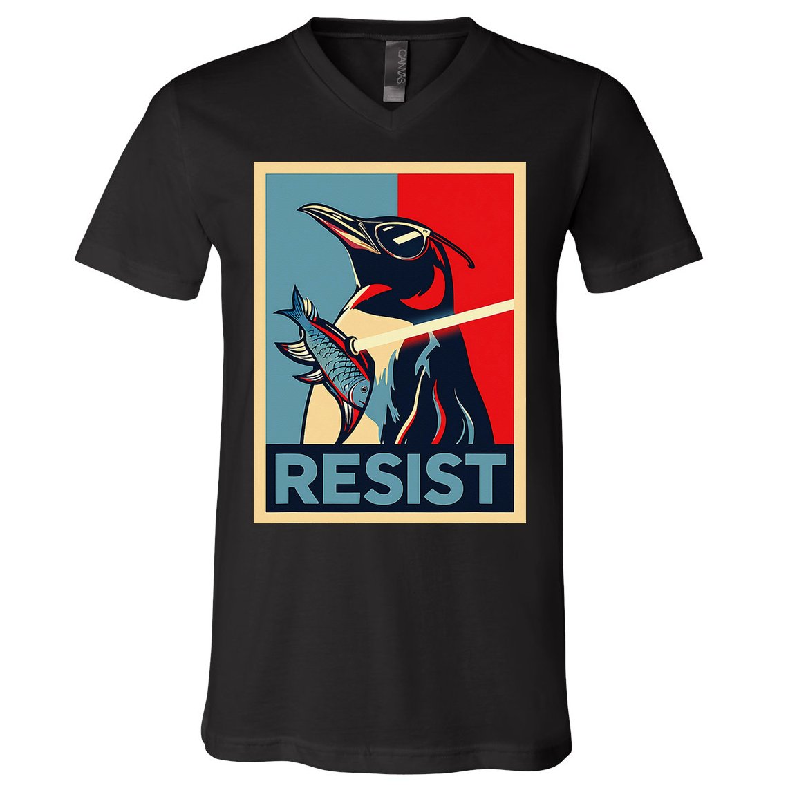 Resist Penguin Protest Bird With Sunglasses Sword Fish Art V-Neck T-Shirt
