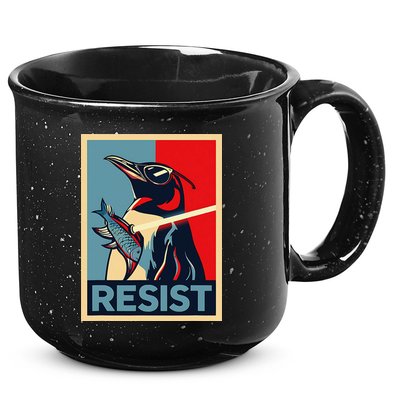 Resist Penguin Protest Bird With Sunglasses Sword Fish Art 15oz Campfire Ceramic Mug
