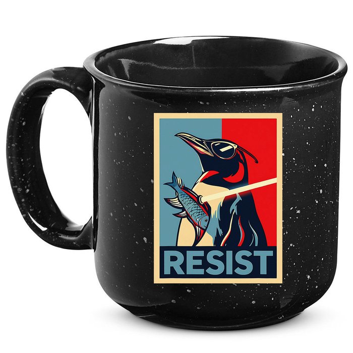 Resist Penguin Protest Bird With Sunglasses Sword Fish Art 15oz Campfire Ceramic Mug
