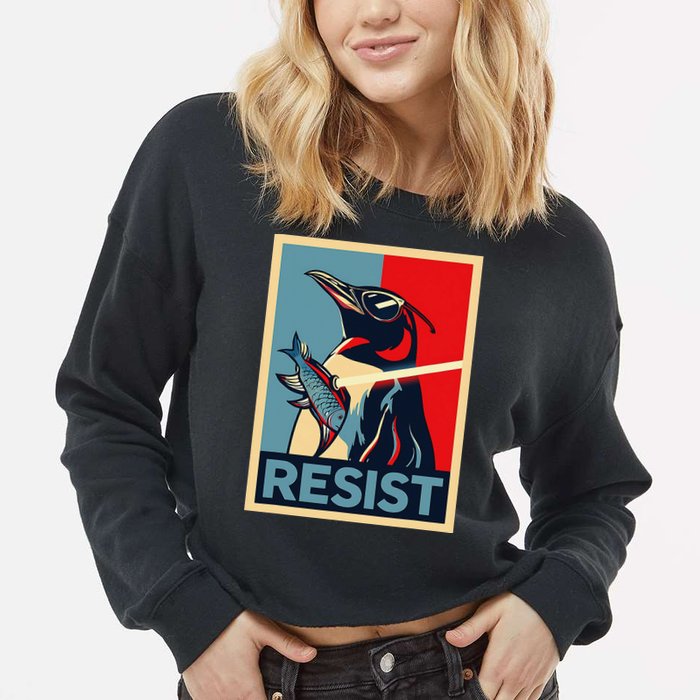 Resist Penguin Protest Bird With Sunglasses Sword Fish Art Cropped Pullover Crew