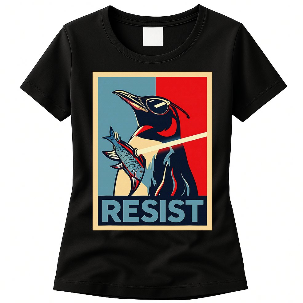 Resist Penguin Protest Bird With Sunglasses Sword Fish Art Womens T-Shirt
