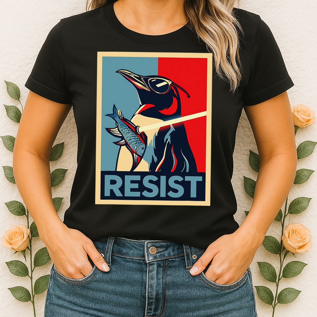Resist Penguin Protest Bird With Sunglasses Sword Fish Art Womens T-Shirt
