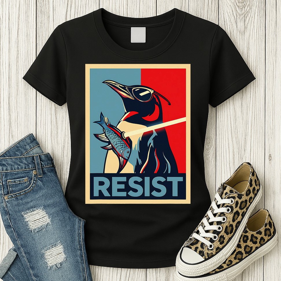 Resist Penguin Protest Bird With Sunglasses Sword Fish Art Womens T-Shirt