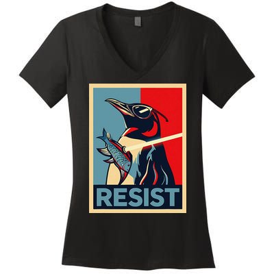 Resist Penguin Protest Bird With Sunglasses Sword Fish Art Women's V-Neck T-Shirt