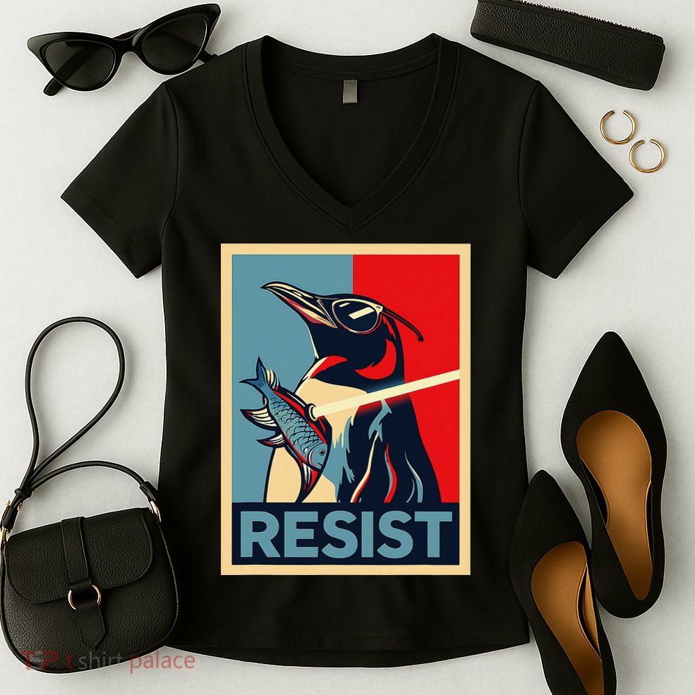 Resist Penguin Protest Bird With Sunglasses Sword Fish Art Women's V-Neck T-Shirt