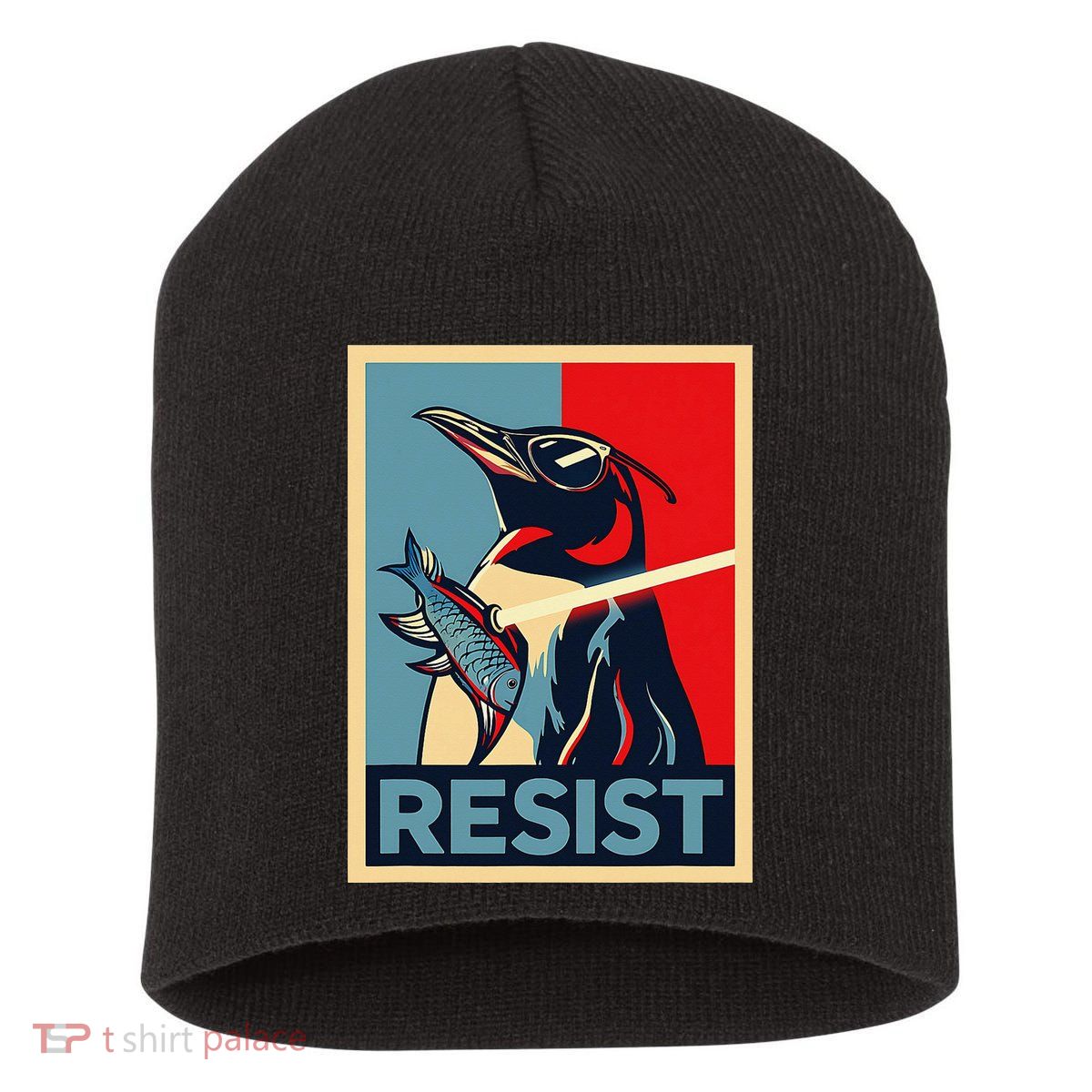 Resist Penguin Protest Bird With Sunglasses Sword Fish Art Short Acrylic Beanie