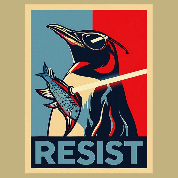 Resist Penguin Protest Bird With Sunglasses Sword Fish Art T-Shirt