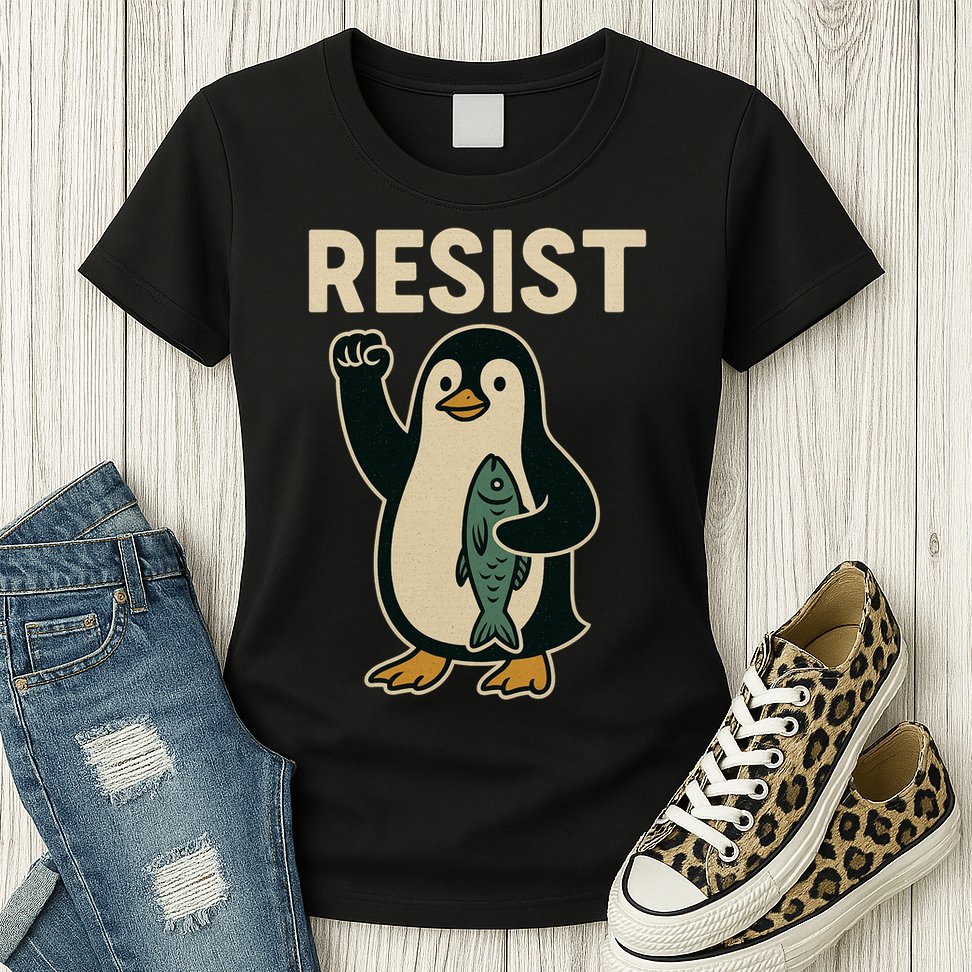 Resist Penguin Protest Against Tariffs Womens T-Shirt
