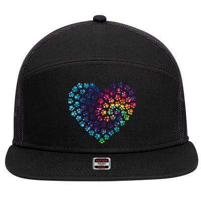 Rainbow Paw Print Heart Dog Lover 7 Panel Mesh Trucker Snapback Hat