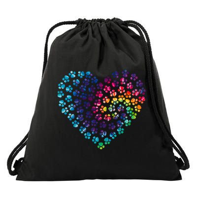Rainbow Paw Print Heart Dog Lover Drawstring Bag