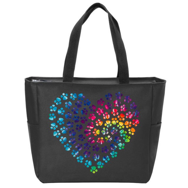 Rainbow Paw Print Heart Dog Lover Zip Tote Bag