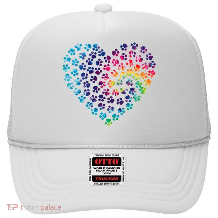 Rainbow Paw Print Heart Dog Lover High Crown Mesh Back Trucker Hat