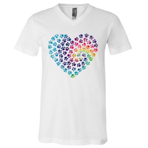 Rainbow Paw Print Heart Dog Lover V-Neck T-Shirt