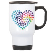 Rainbow Paw Print Heart Dog Lover Stainless Steel Travel Mug