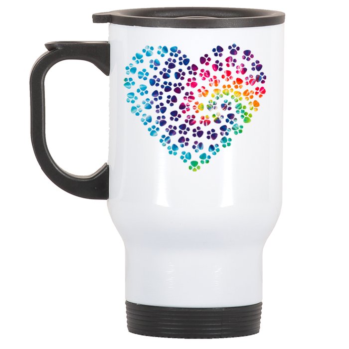 Rainbow Paw Print Heart Dog Lover Stainless Steel Travel Mug