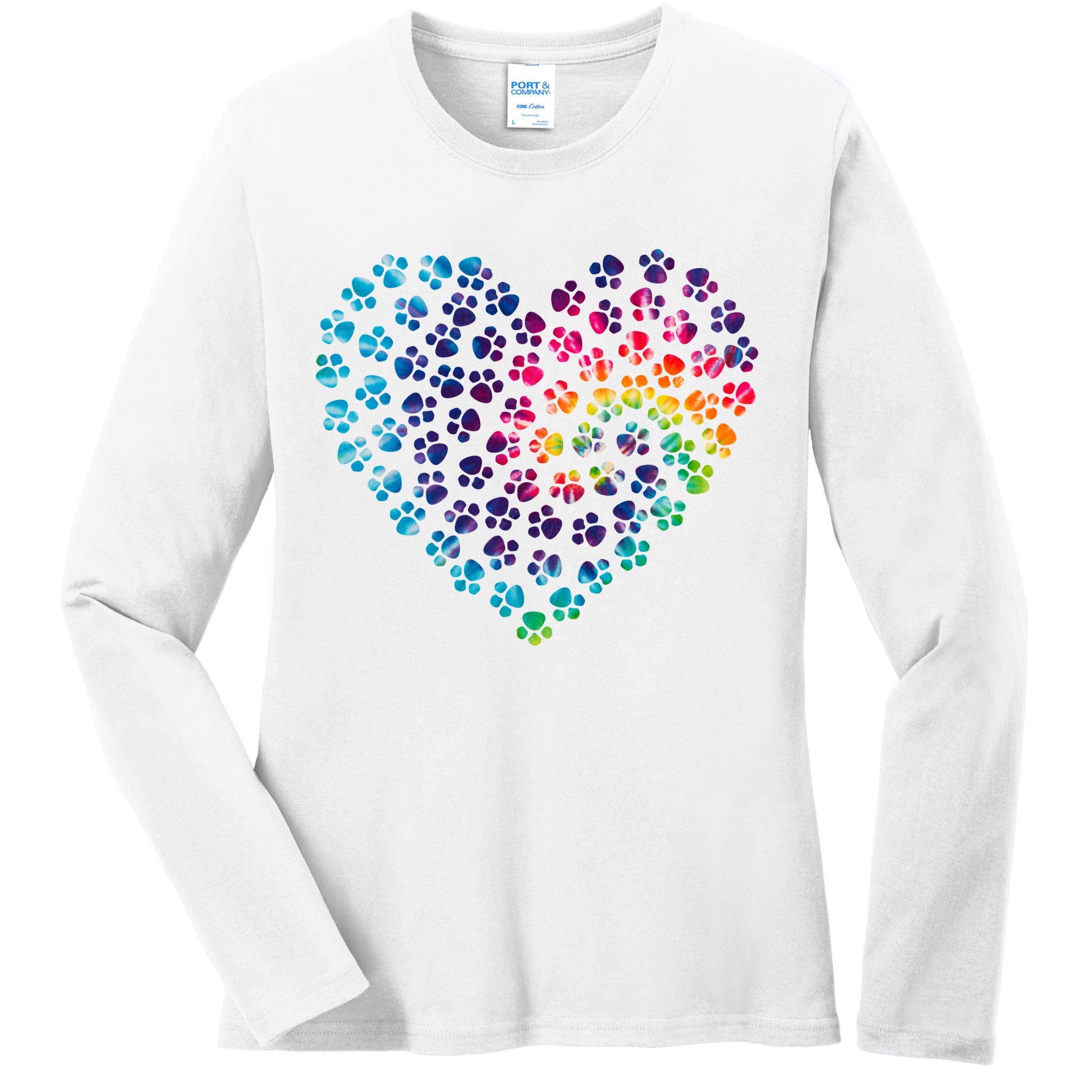 Rainbow Paw Print Heart Dog Lover Ladies Long Sleeve Shirt