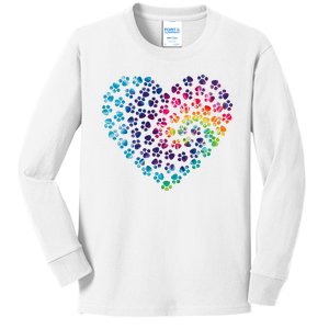 Rainbow Paw Print Heart Dog Lover Kids Long Sleeve Shirt