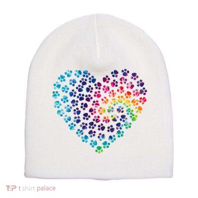 Rainbow Paw Print Heart Dog Lover Short Acrylic Beanie