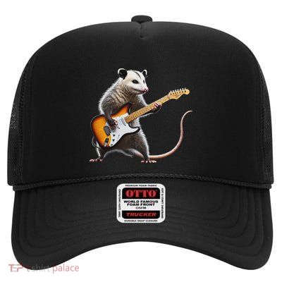 Rockin Possum Playing Guitar Funny Cute Animal Music High Crown Mesh Back Trucker Hat