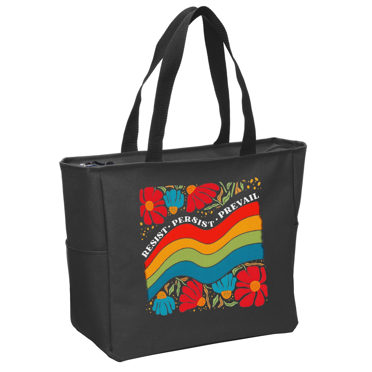 Resist Persist Prevail Funny Liberal Political Boho Floral Zip Tote Bag