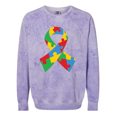 Ribbon Puzzle Piece Autism Awareness Month Gift Colorblast Crewneck Sweatshirt