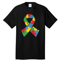 Ribbon Puzzle Piece Autism Awareness Month Gift Tall T-Shirt