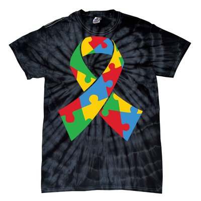 Ribbon Puzzle Piece Autism Awareness Month Gift Tie-Dye T-Shirt