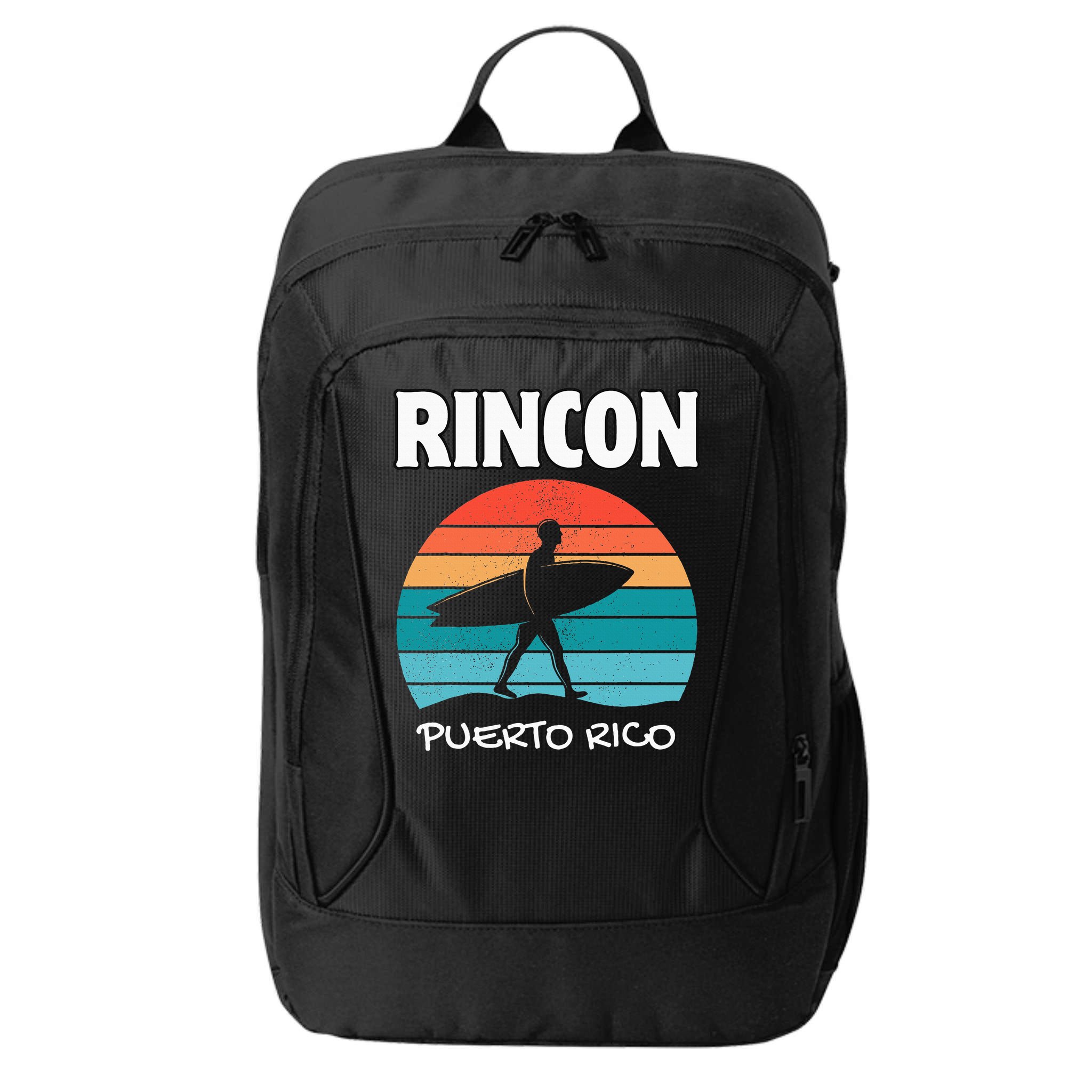 Rincon Puerto Rico Surf Retro Sunset Surfing Travel City Backpack