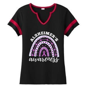 Rainbow Purple Ribbon Alzheimers Awareness Ladies Halftime Notch Neck Tee