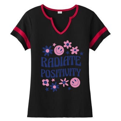 Radiate Positivity Retro Smiley Floral Quote Ladies Halftime Notch Neck Tee