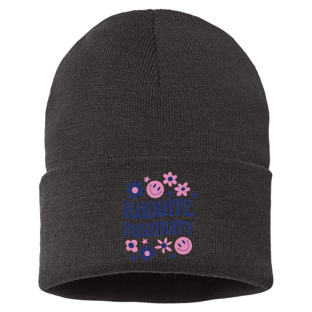 Radiate Positivity Retro Smiley Floral Quote Sustainable Knit Beanie