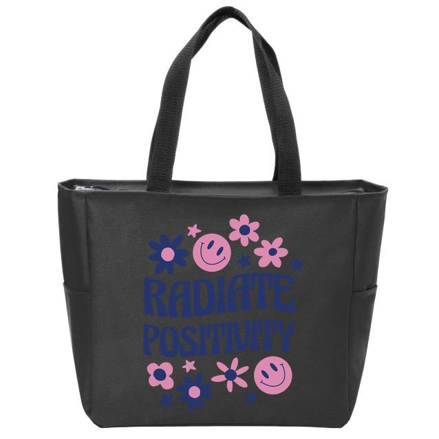 Radiate Positivity Retro Smiley Floral Quote Zip Tote Bag