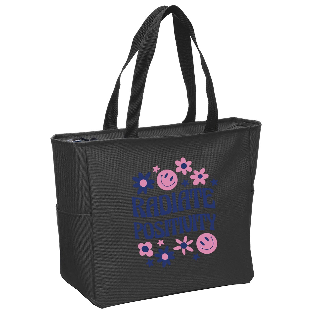 Radiate Positivity Retro Smiley Floral Quote Zip Tote Bag
