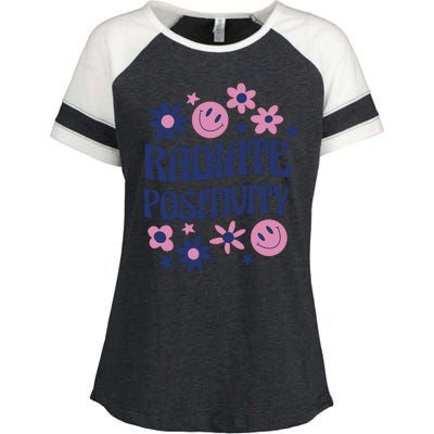 Radiate Positivity Retro Smiley Floral Quote Enza Ladies Jersey Colorblock Tee